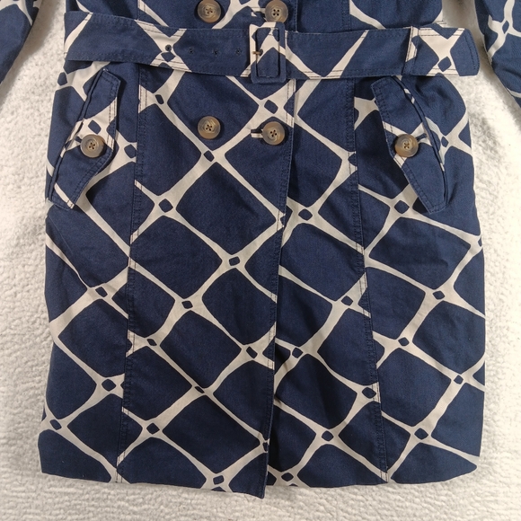 Boden Trench Coat Womens 8 Blue Cream Double Breasted  Belted Geometric - Picture 5 of 11